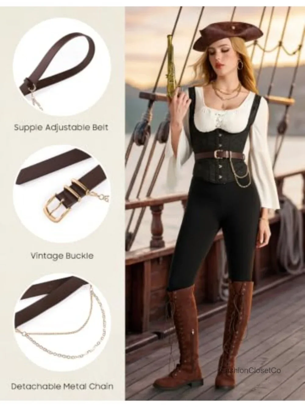 Faux Leather Waist Belt with Detachable Chain Adjustable